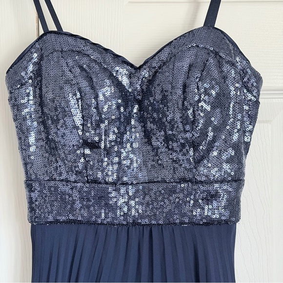 Vtg Cache Dress Womens 0 Navy Sequin Bodice Chiffon Midi Sweetheart Party  Prom